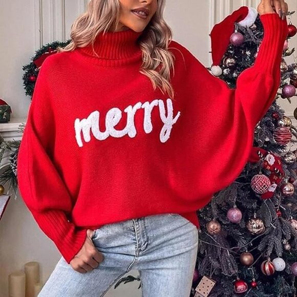 Oversized Christmas Red Sweater Women 2025 Merry Turtleneck Batwing Sleeve - Picture 2 of 6